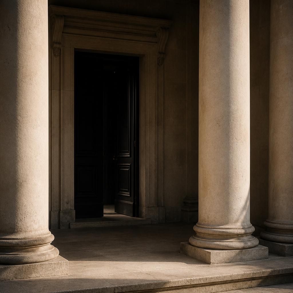 A classical stone portico: the open doorway into the briefing.